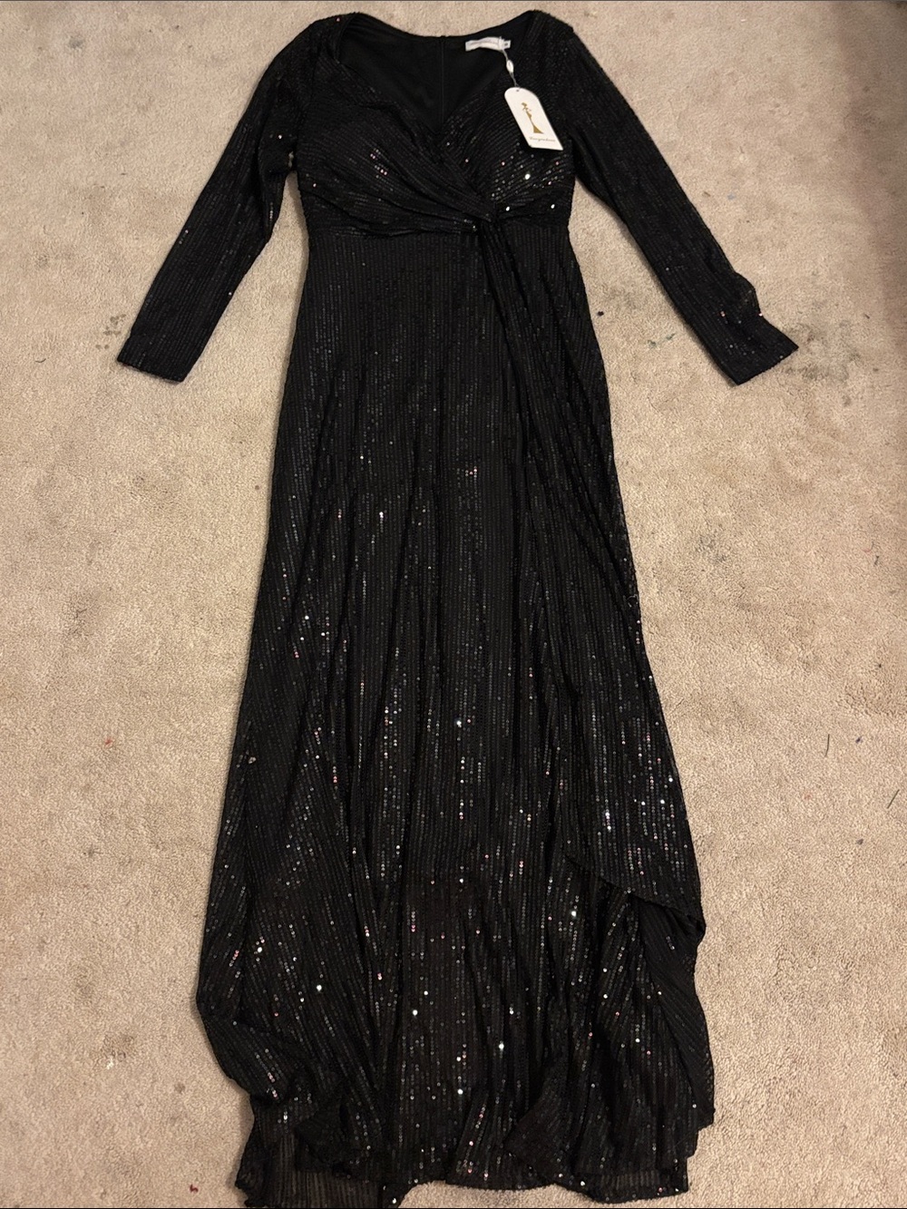 Long Sleeve Black Sequin Wrap-Front Maxi Dress
